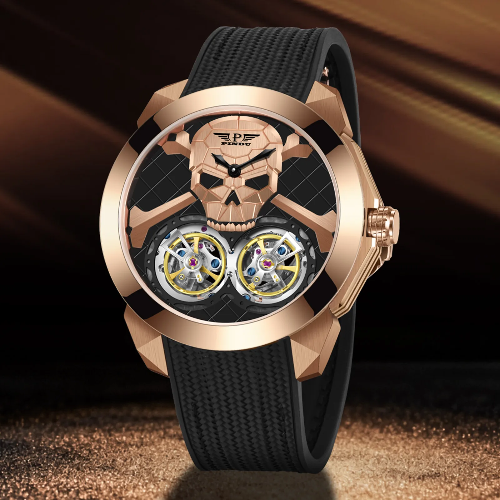 PINDU New Double Flying Wheel Mechanical Watch Men Ghost Head Dial JHLS33-1 Movement Waterproof Stainless steel Mechanical Watch