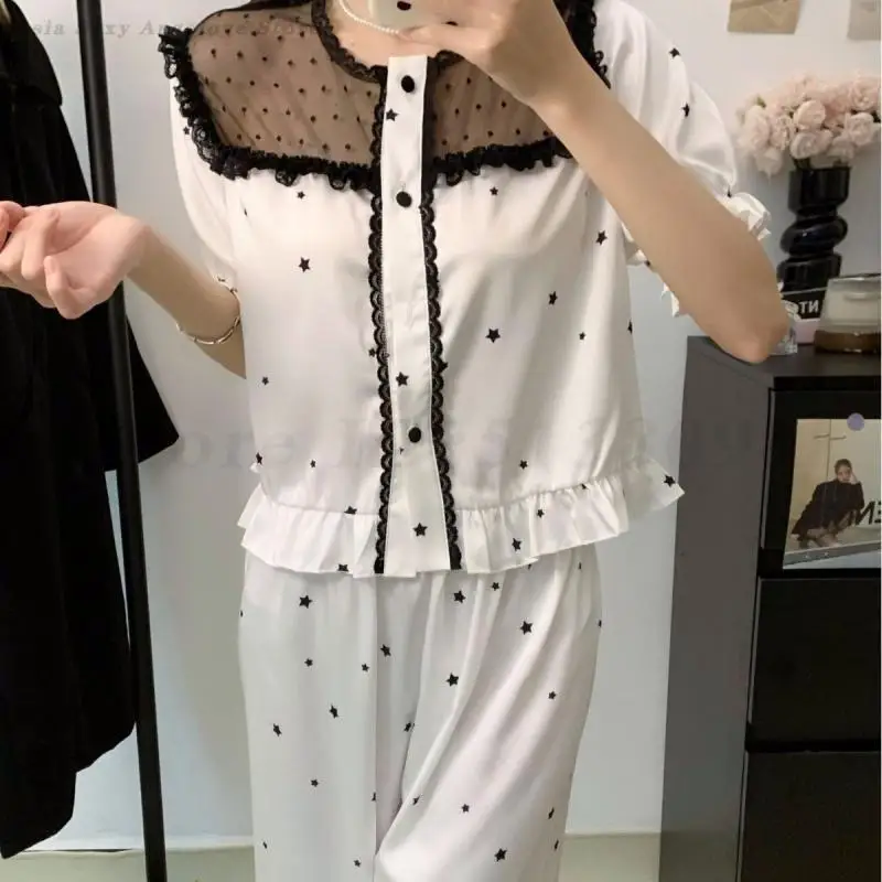 New Female 2PCS Pajamas Set Sexy Lace Patchwork Star Sleepwear Home Clothes Spring Summer Silk Satin Nightwear Loose Loungewear