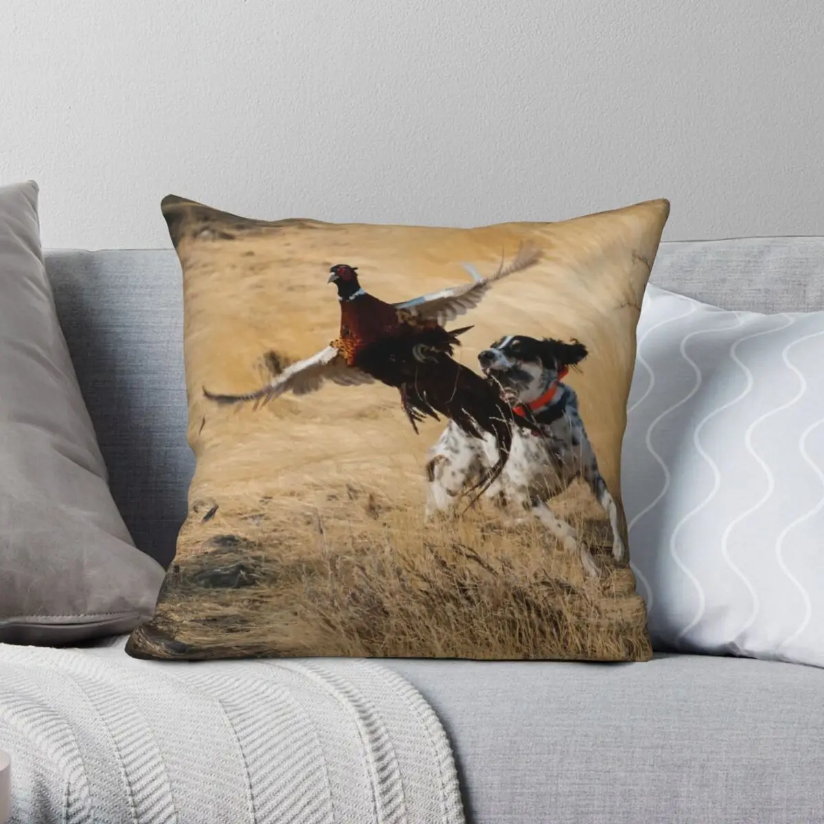 

English Setter Chasing Pheasant Square Pillowcase Polyester Linen Velvet Printed Zip Decorative Bed Cushion Cover Wholesale