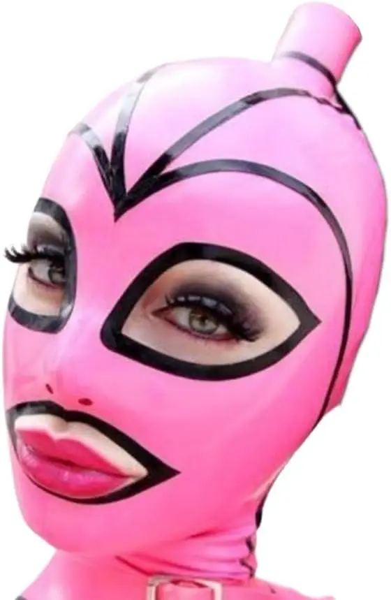 Latex Hood Mask Holiday Rubber Full Face Pink and Black Strips with Ponytail Wig Latex Mask