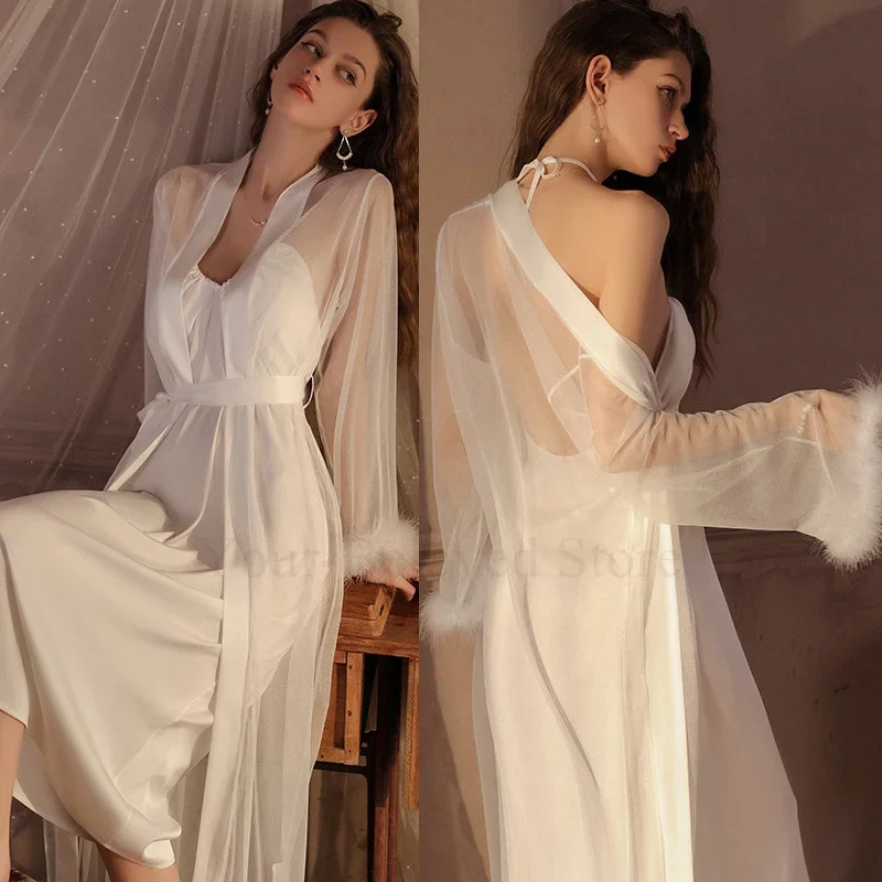 

Long Nighty&robe Set Lady Sexy Mesh Sleeve Kimono Robes White Bride Wedding Morning Gown Luxury Feather Intimate Lingerie