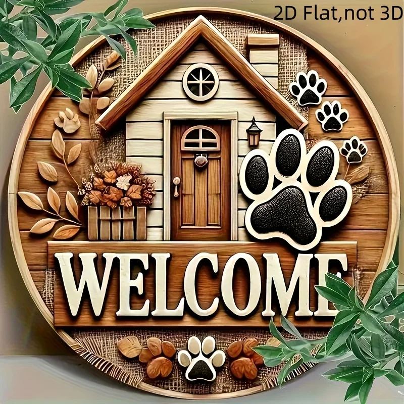 2D Flat - 1pc Classic Wooden Paw Print Welcome Sign | Round Pet Lover Gift, Non-Electric Animal Theme Door Wall Decoration, with view 4