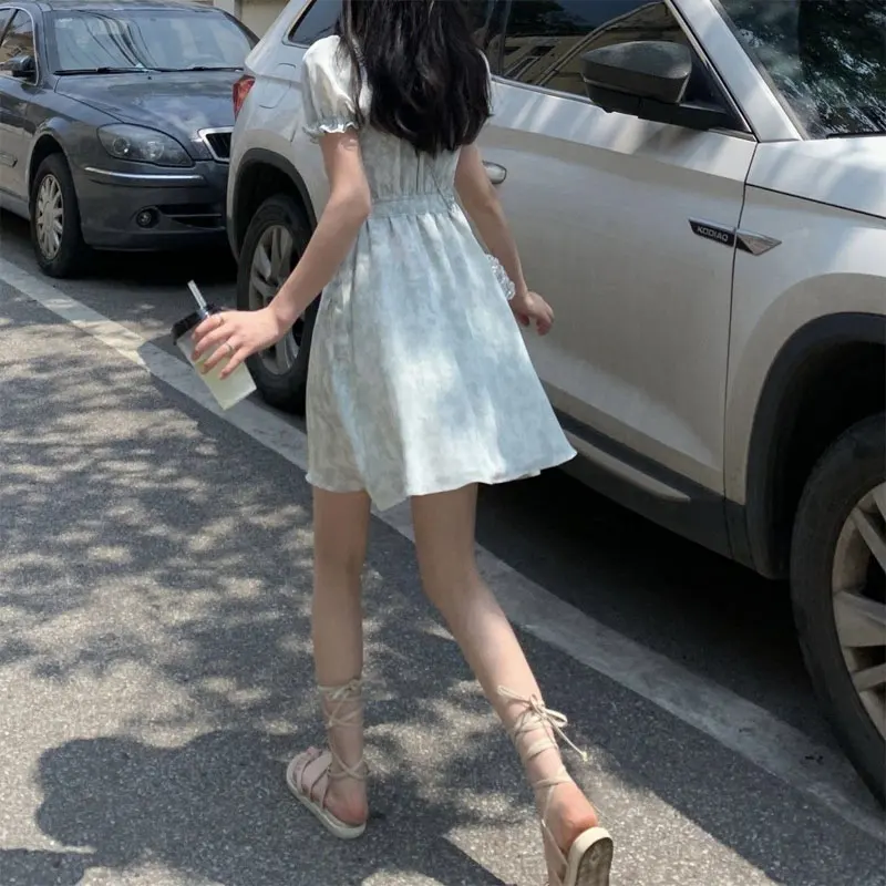 Sweet V-Neck Puff Sleeve Dresses Women's Clothing Broken Flowers Summer New Fashion Spliced Drawstring Elegant A-Line Mini Dress