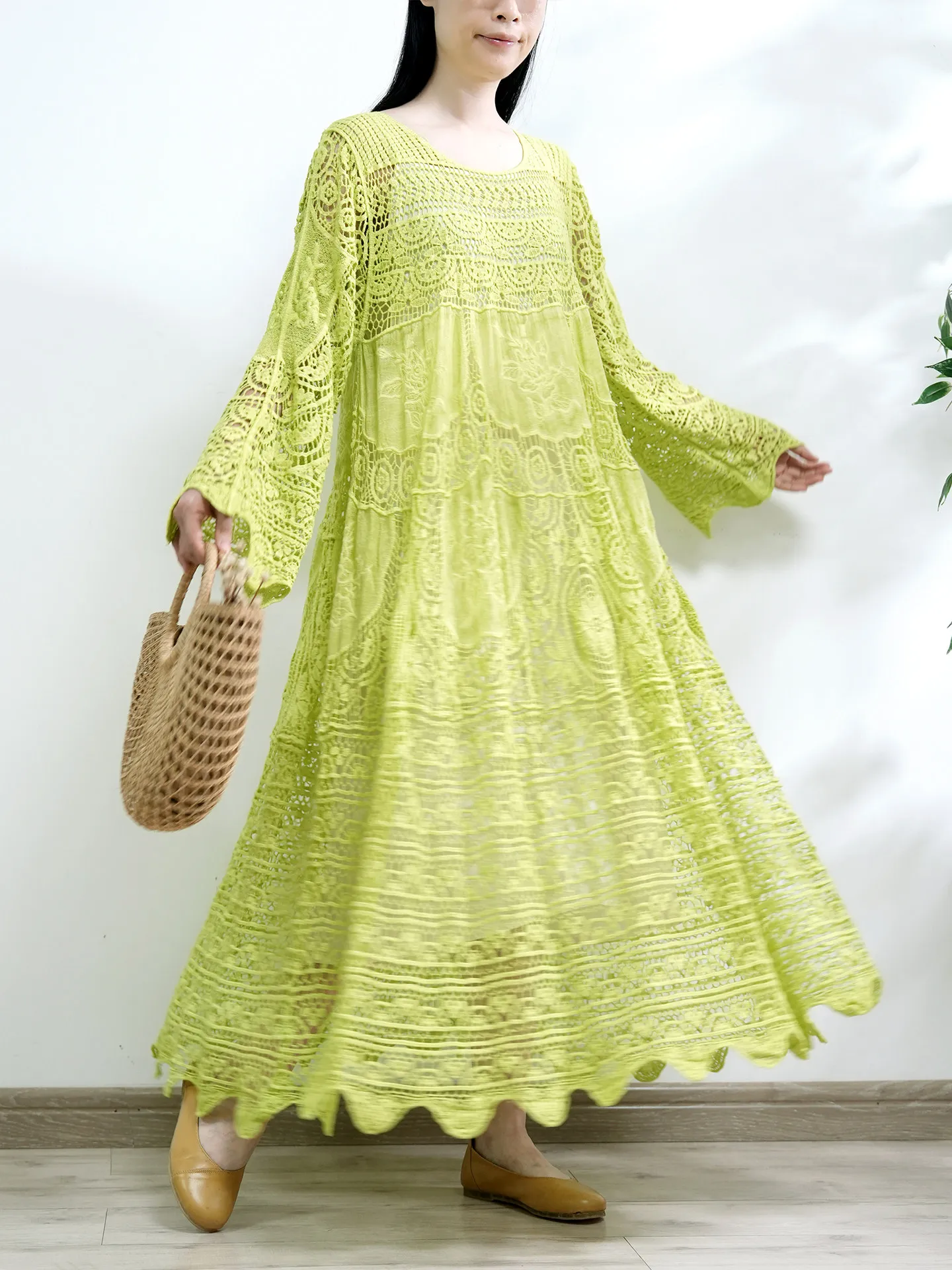 Vestido de Punto y Crochet para Mujer, Marca TIYIHAILEY, Primavera-Verano, Manga Media con Vuelo, Verde, Holgado, Largo hasta la Pantorrilla