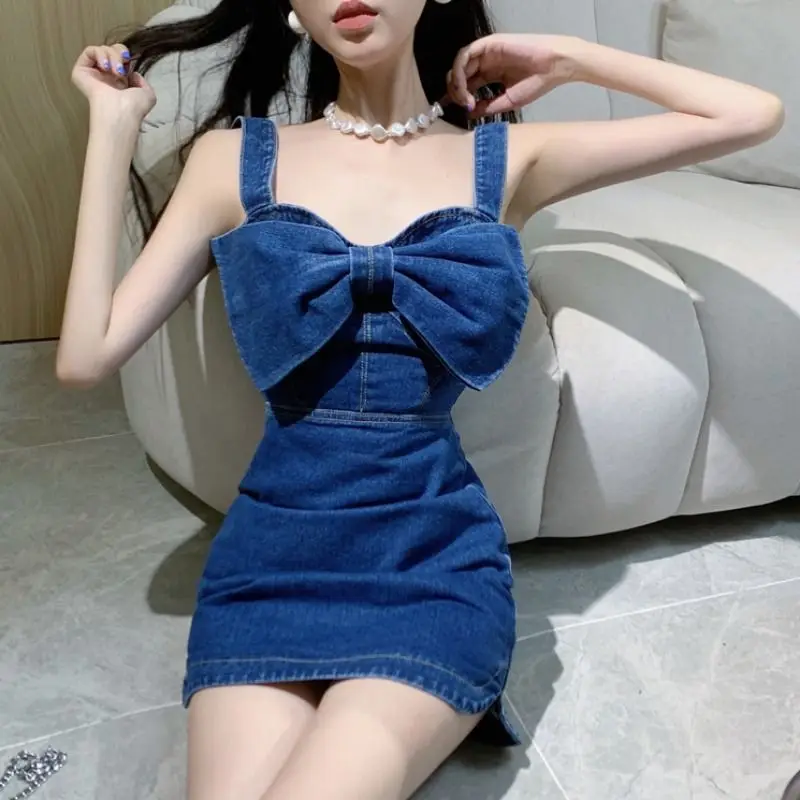 

Dressed Women's Pure Sexy One Line Neck Strap Short Dress Summer Design e Bowtie Slim Fit Denim Skirt