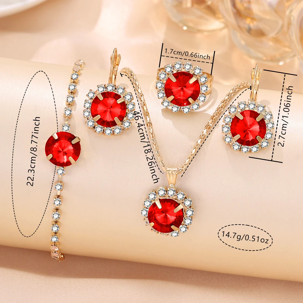 5 PCS Set Red Watch Women Luxury Ring Necklace Earrings Rhinestone Fashion Wristwatch Female Casual Watches Bracelet Set