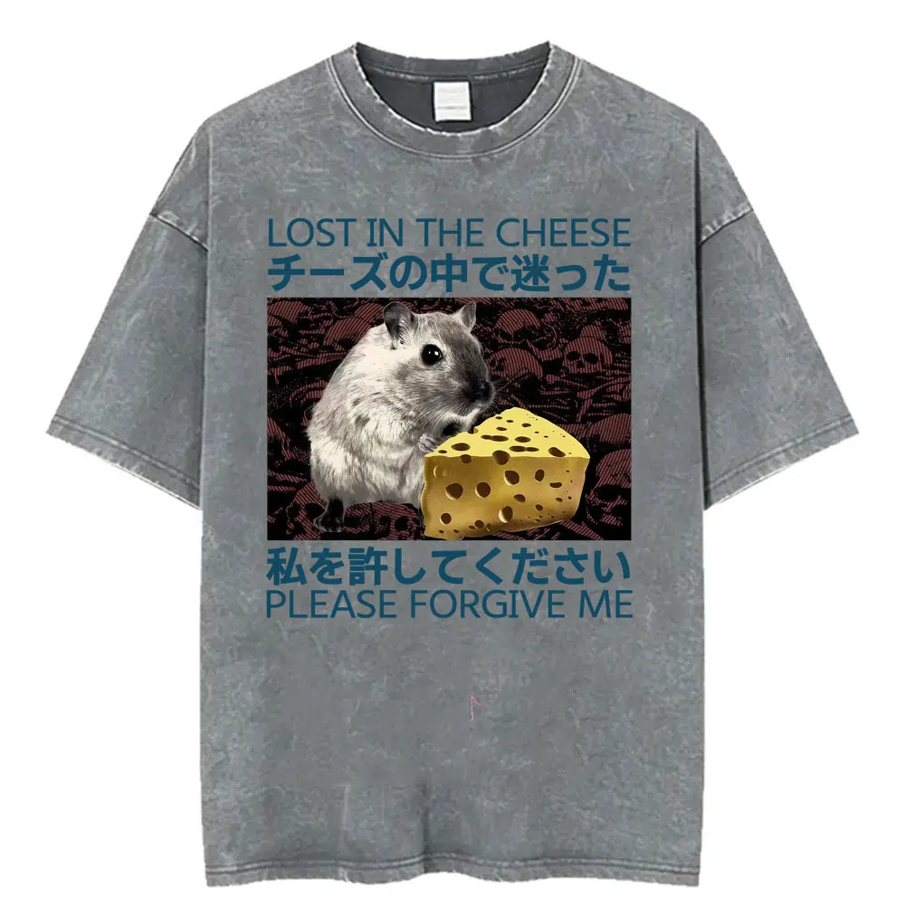 Lost in Cheese Please Forgive Me Japan Rat Vintage Washed T Shirt Funny Hamster Meme T Shirts Men Women's Fashion Gothic T-shirt