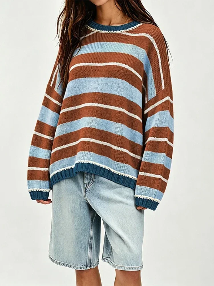 New in Women's Fashion Striped Knitted Cardigan Autumn Winter Style Long Sleeved Round Neck Loose Casual Pullover Top