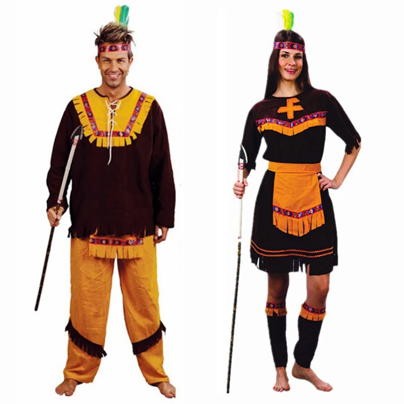 Primitive Man Caveman Native American Indian Costume for Men Women Couple Halloween Purim Thanksgiving Day Fantasia Umorden