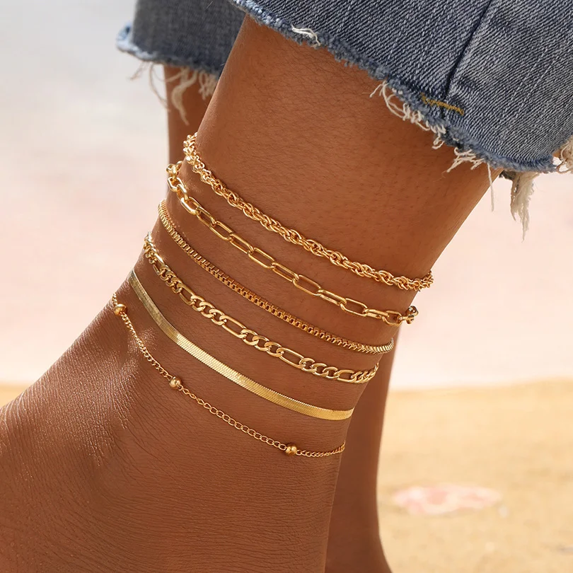 7pc/set Bohemian Rice Beads Starfish Pendant Anklet Set Fashion Summer Beach Sea Shell Multilayer Ankle Bracelet On Foot Jewelry