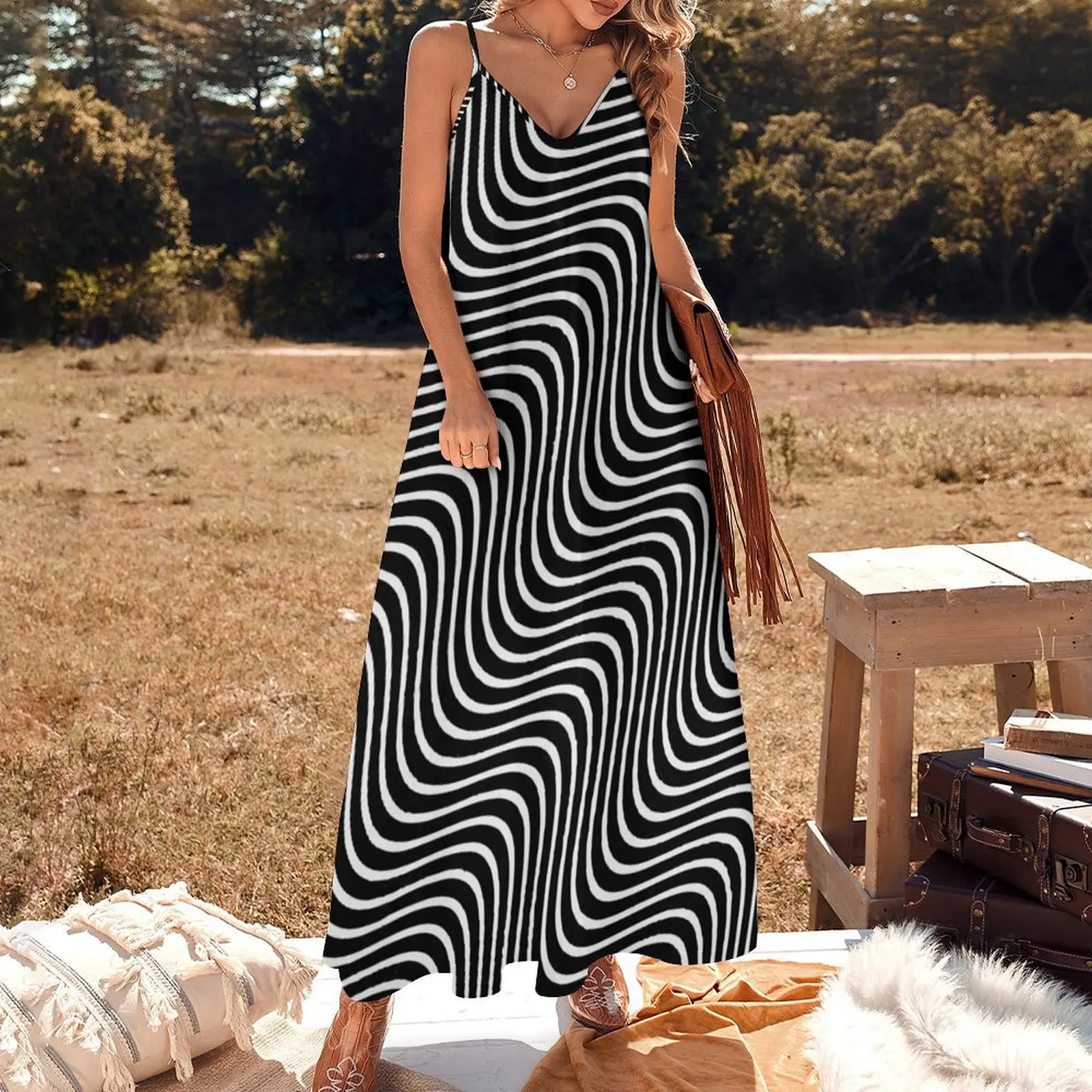 HYPNOTIC SPAGHETTI BLACK & WHITE Sleeveless Dress Prom gown long dress women summer clothes for women