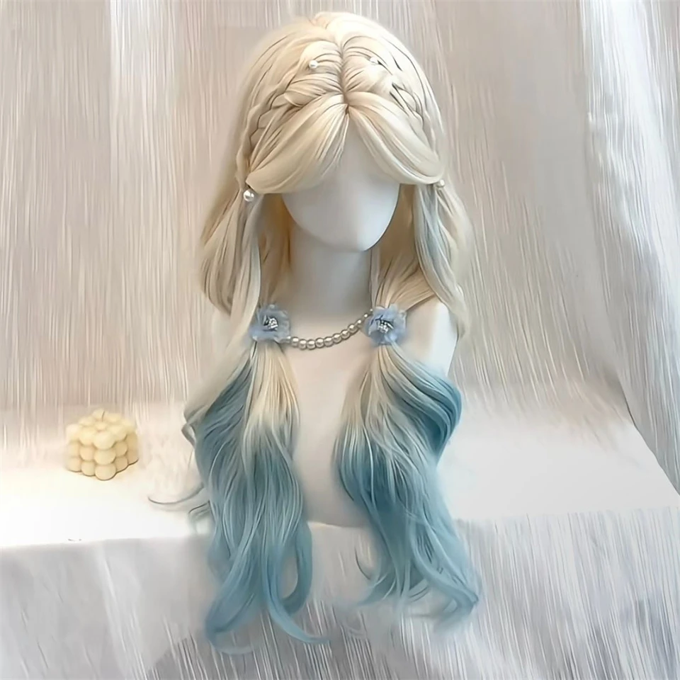 OLACARE onda lunga del corpo blu ombre parrucche cosplay parrucche sintetiche resistenti al calore frangia parrucche Lolita naturali per le donne Halloween