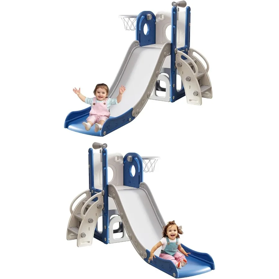 

6 in 1 Toddler Slide for 1-3 Indoor Outdoor Slide with Basketball Hoop Storage Climber and Telescope L Shaped Slide for Toddler