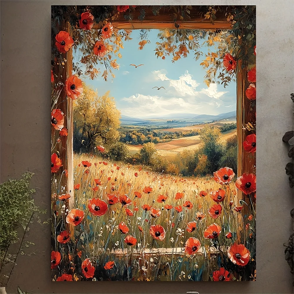 No Frame,  Open Window with Poppy Field View Painting Canvas Print, Faux Window Wall Art, Home Living Room Decor, 2D Flat