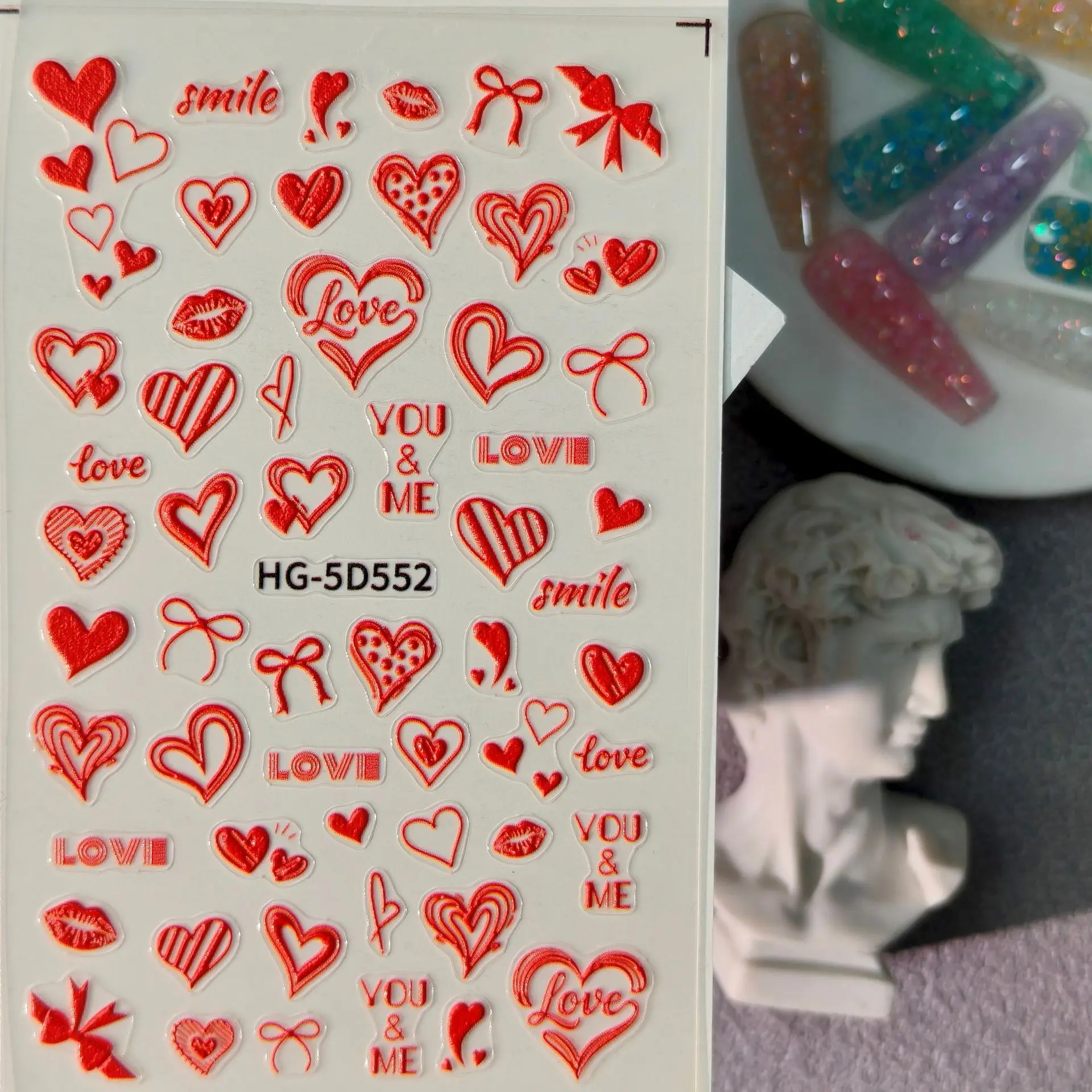 1 Set 5D Embossed Valentine Nail Stickers Romantic Heart Rose Self Adhesive DIY Manicure Decor Ornaments