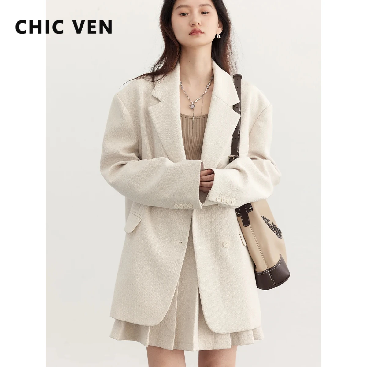 CHIC VEN Women Blazer Solid Single Breasted New Loose Casual Coat Female Pleats Short Skirt Ladies Clothing Spring Autumn 2024