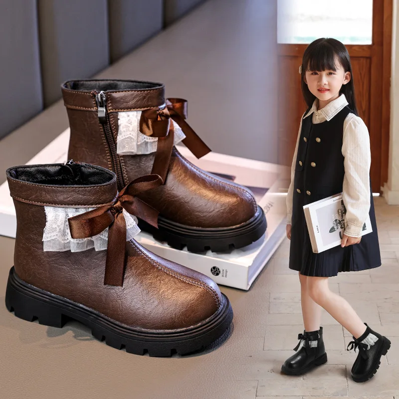 

Ботинки челси с бантом для девочек, однотонные детские ботильоны принцессы из искусственной кожи с кружевными оборками, весенне-осенние нескользящие модные ботинки на молнии для детей