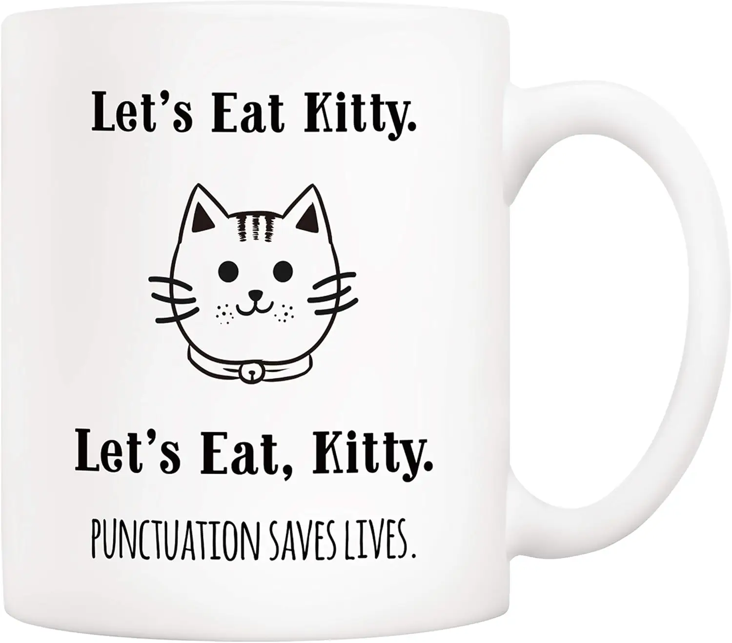 Christmas gift funny grammar coffee cup, let's eat together kitten punctuation save life mug 320ML, holiday gift for friends