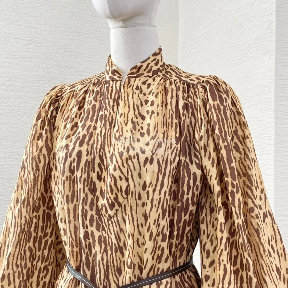 

Brown Leopard Print Long Sleeve Blouse Tops 2025 Linen
