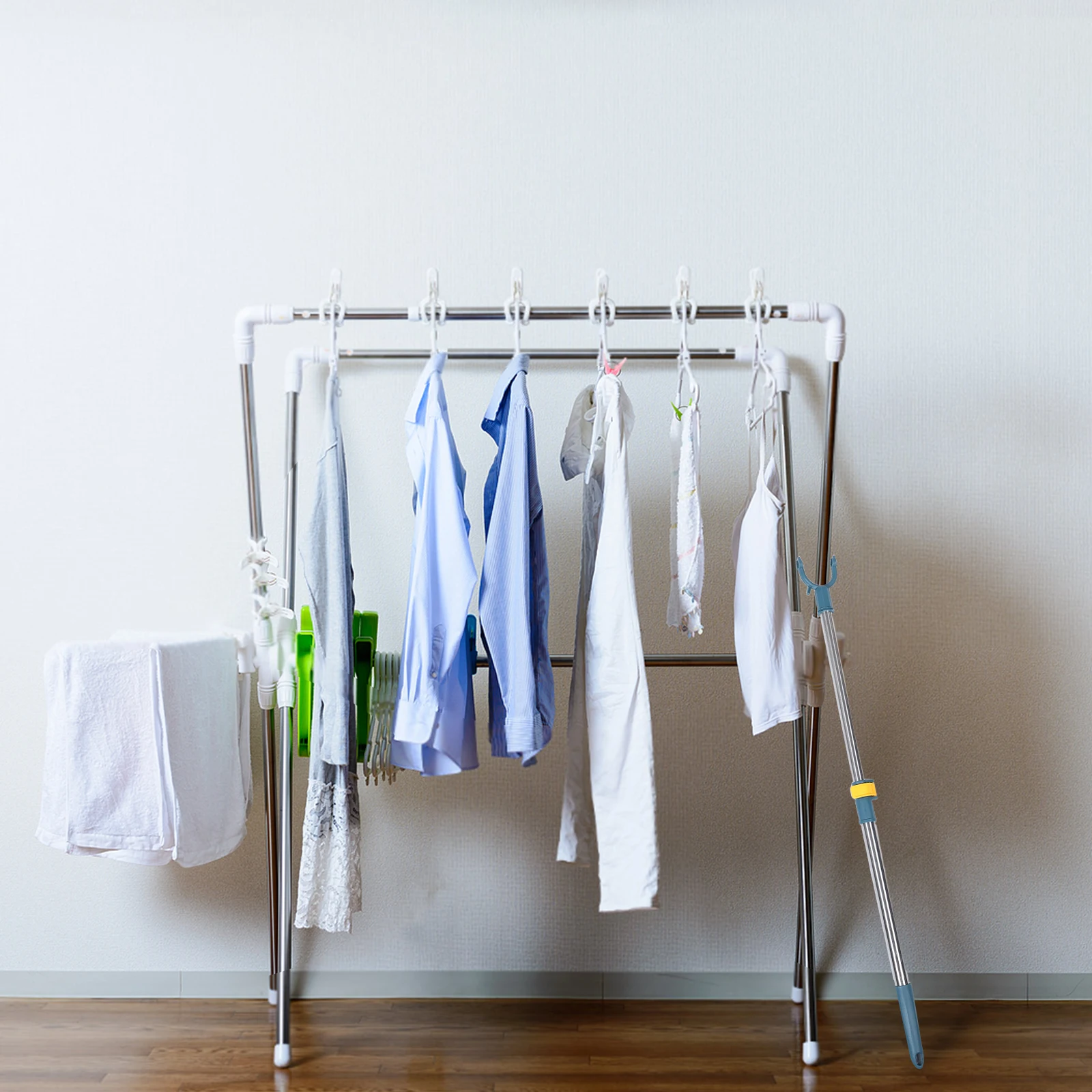 

Reach Closet Pole Clothes Hanger Support Rod Rail Adjustable for Blue Aluminum Telescope