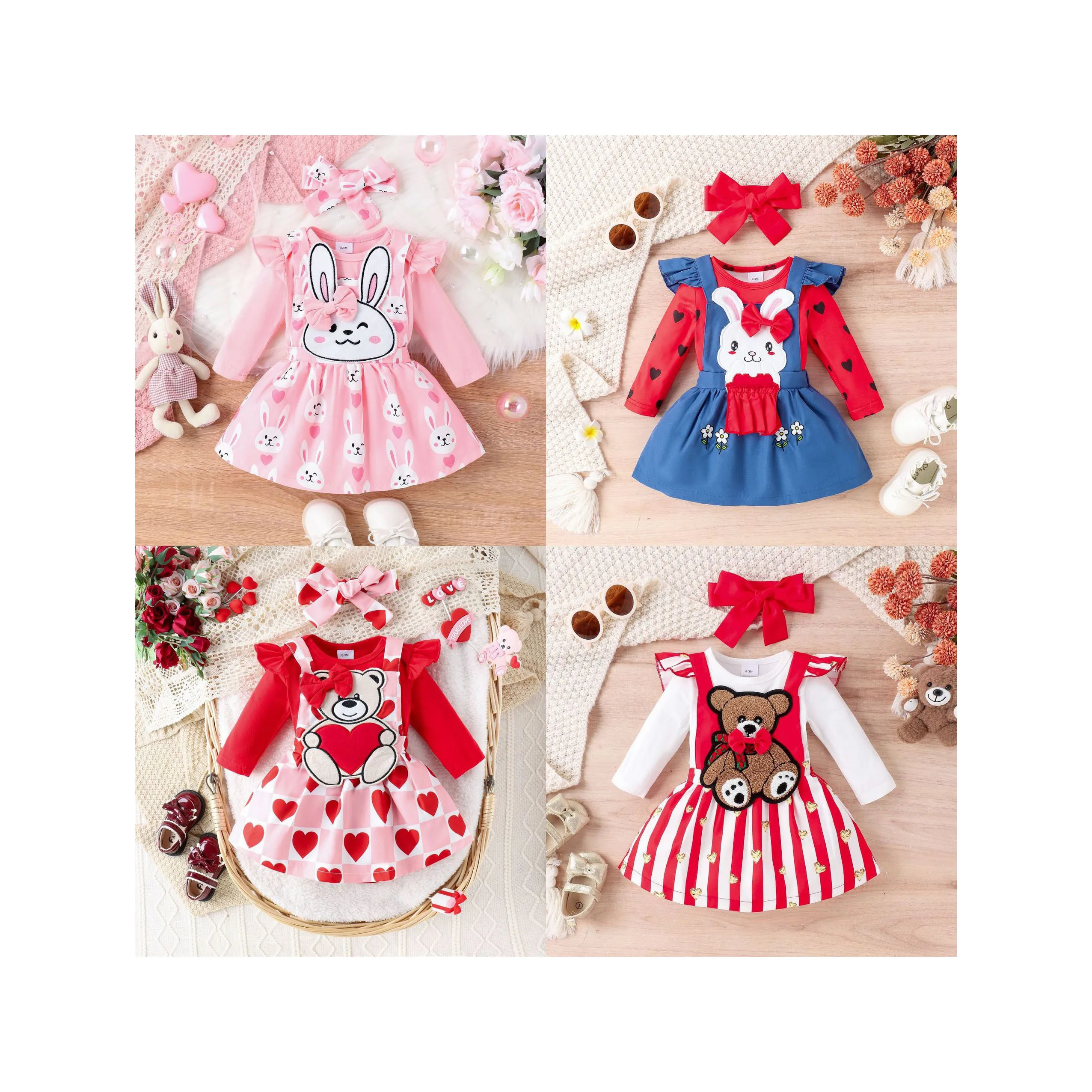 

Ready To Ship Toddler Girl Embroidery Heart Bear Valentine's Rompers Long Sleeve Dress Design Easter Girl Bunny Jumpsuit