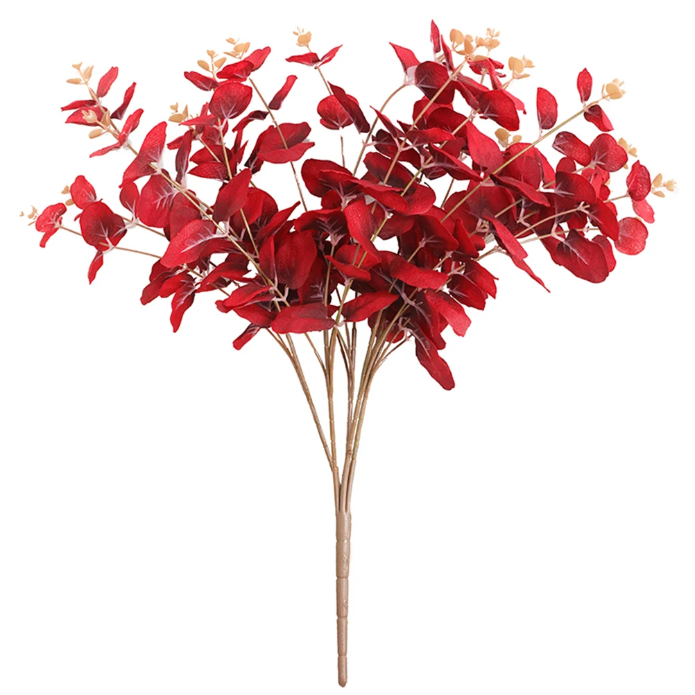 

Eucalyptus Leaves Bouquet Red Silk Decorative Flowers For Indoor Home Room Hotel Gift Lifelike Faux Eucalyptus Branches Wedding