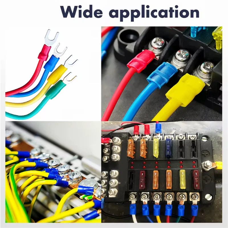 100 Stück U-förmige Gabelkabelverbinder, isolierte Crimpklemmen # 8 22-10 AWG für die Reparatur von Kabeln in der Automobil-, Schifffahrts- und Industriebranche – Detail 1