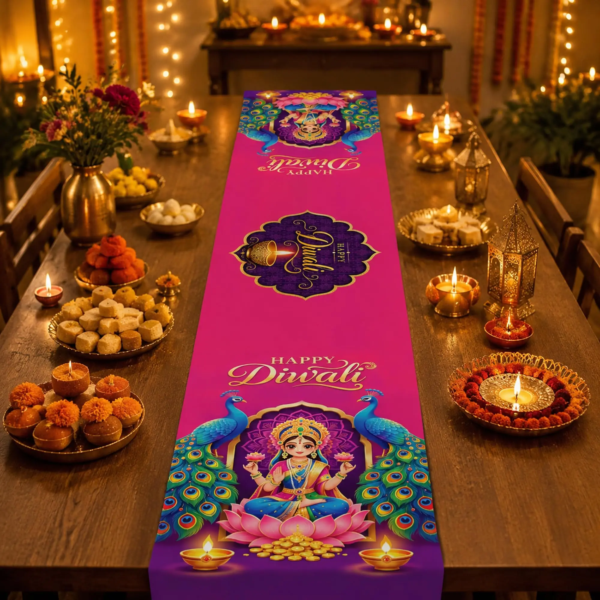 Happy Diwali Table Runner, Indian Festival Laxmi Goddess Peacock Print Tablecloth, Pink Purple Holiday Dining Table Decor for