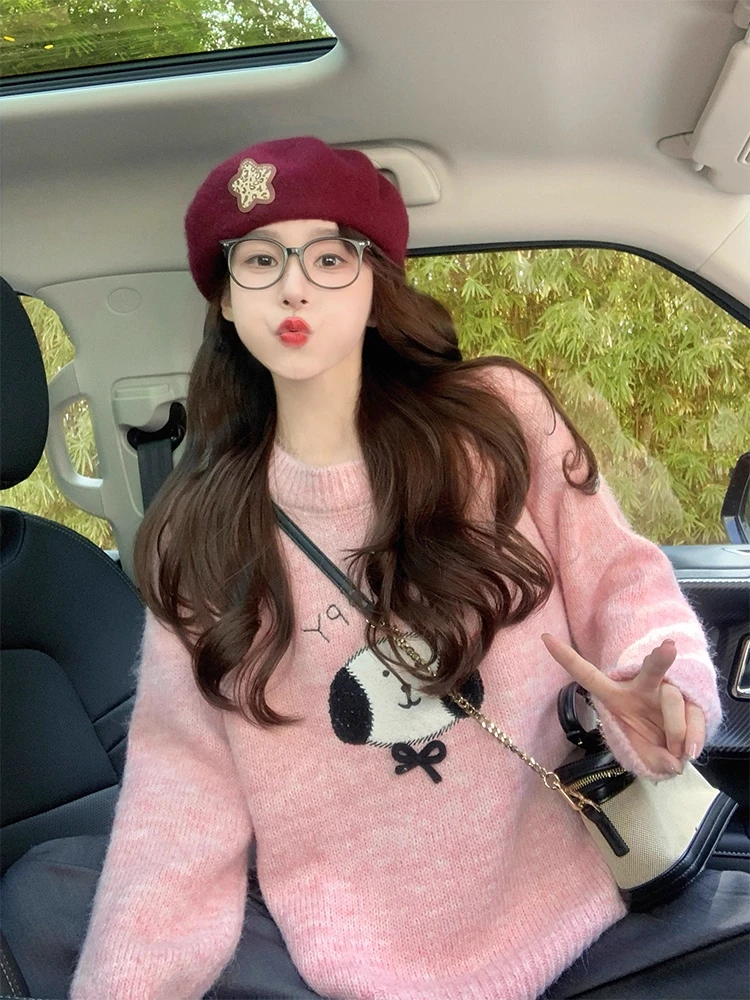 

Милый милый розовый вязаный свитер с рисунком собаки, женский свободный круглый Ne, мягкий, уютный, осенне-зимний, новый Sle Faion, нежный Sle