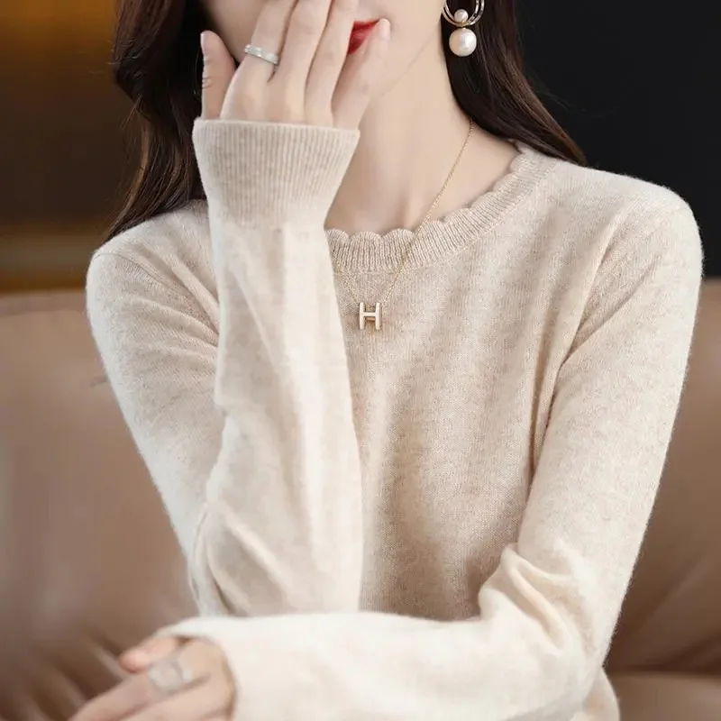 

2023 Spring Womens Sweater Long Sleeve O-neck Slim Fit Knitted Pullovers Bottoming Casual Knitwear Camel Pink Bottoming Shirt