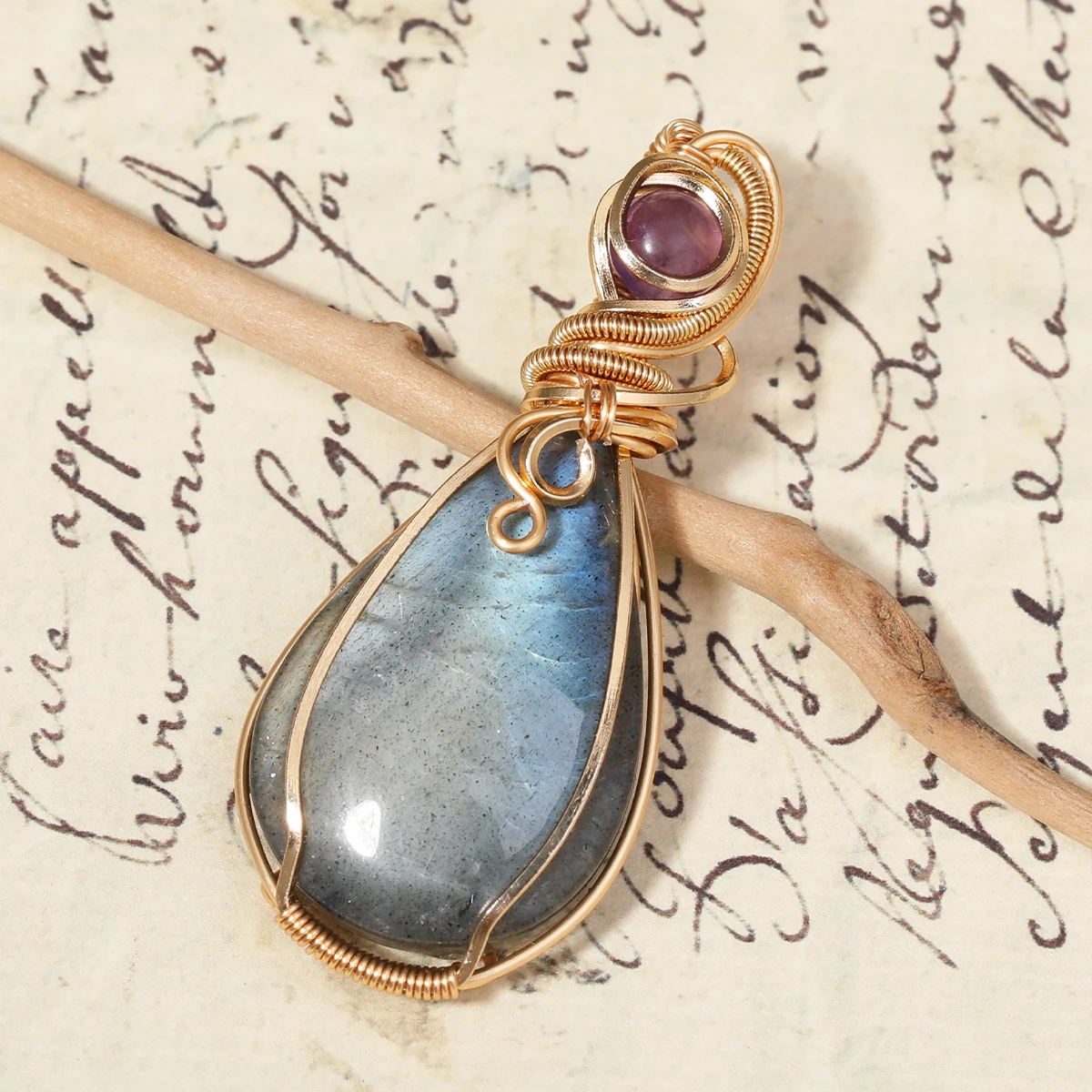 Labrador-Stein-Halskette, Stein-Edelstein-Anhänger, Kupferdraht umwickelter Schmuck, natürliche Labradorit-Halskette, Geschenke für Frauen – Detail 3