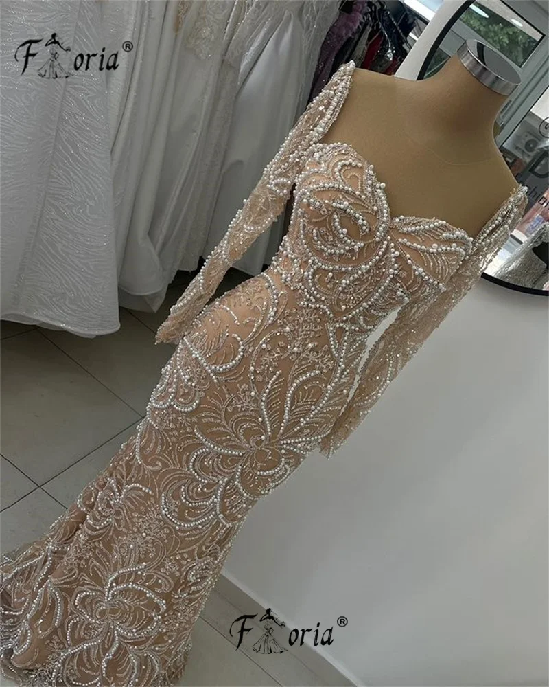 Elegant Pearls Beading Lace Dubai Formal Evening Dresses Long Sleeve Sweetheart Mermaid Wedding Occasion Gown Special Party Robe