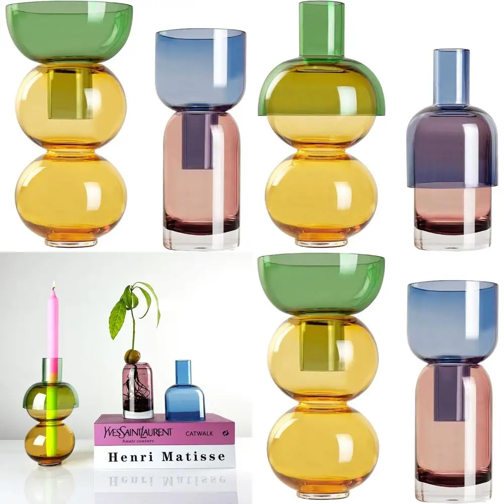

Lemon-Themed Glass Flower Vase Duo with Green, Yellow, Blue, and Pink Accents for Home, Wedding, and Event Decor
