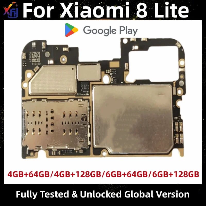 Motherboard for Xiaomi Mi 8 Lite, Mainboard, Global Version, Unlocked Main Circuits Board, Google Installed, 64GB, 128GB