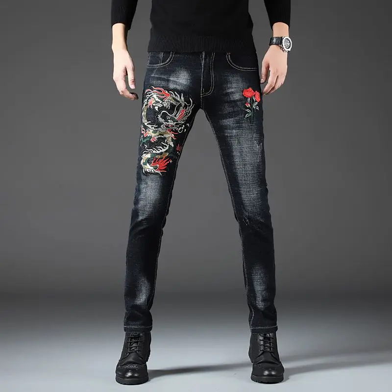 Trendy Embroidered Rose Pattern Slim Fit Men's Jeans Fashionable Urban Style Casual Long Pants for Young Socialites