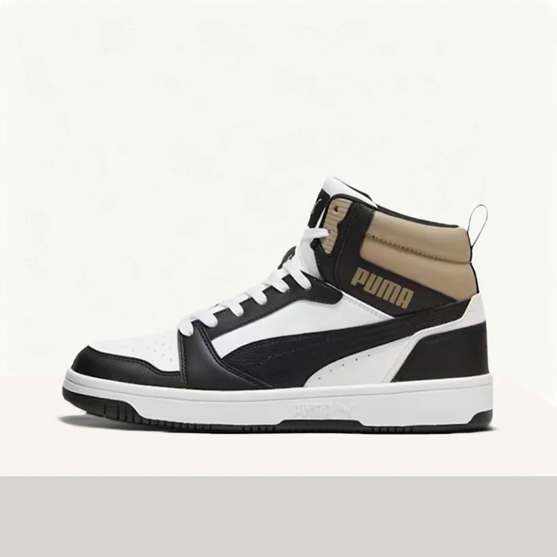 Puma Rebound V6: Comfortable, Thin-Soled, Durable, Lightweight, Non-Slip High-Top Sneakers (Unisex) in Black and White 392326-22