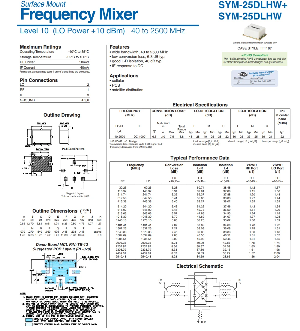 1pcs SYM-25DLHW SYM 25DLHW RF Transformer Frequency SMT Double Balanced Mixer Wide bandwidth 40 - 2500MHZ