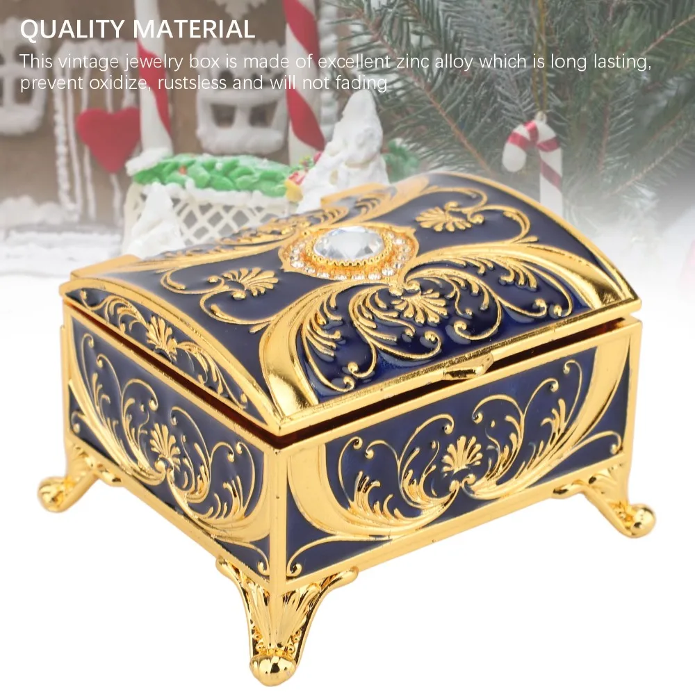 Rectangular Metal Jewelry Box Sparkling Rhinestones Zinc Alloy Trinket Storage Box Velvet Lining Enameled Decorative