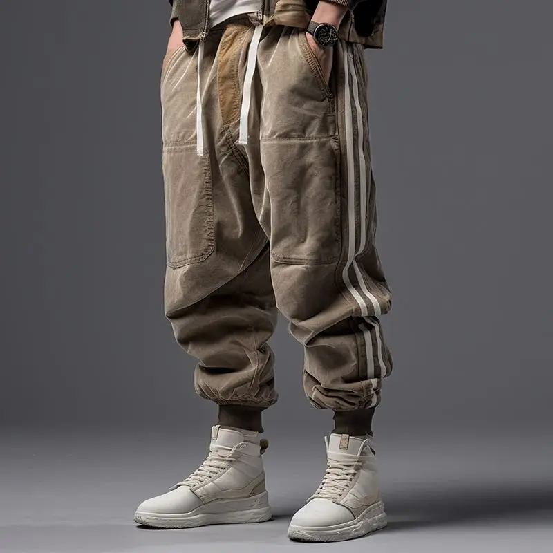 

Summer ChArmkpR 2024 Men Long Pant Elastic Waist Loose Fit Casual Pants Vintage Stripe Patchwork Loose Drawstring Pants Trouser