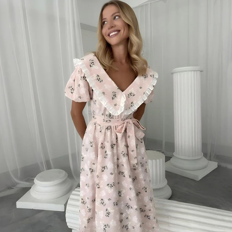 

Tornova Casual Flower Print Dress Women's Puff Short Sleeve High Waist Fashion Dress Lace Up Elegant Vacation Party Clothes Lady