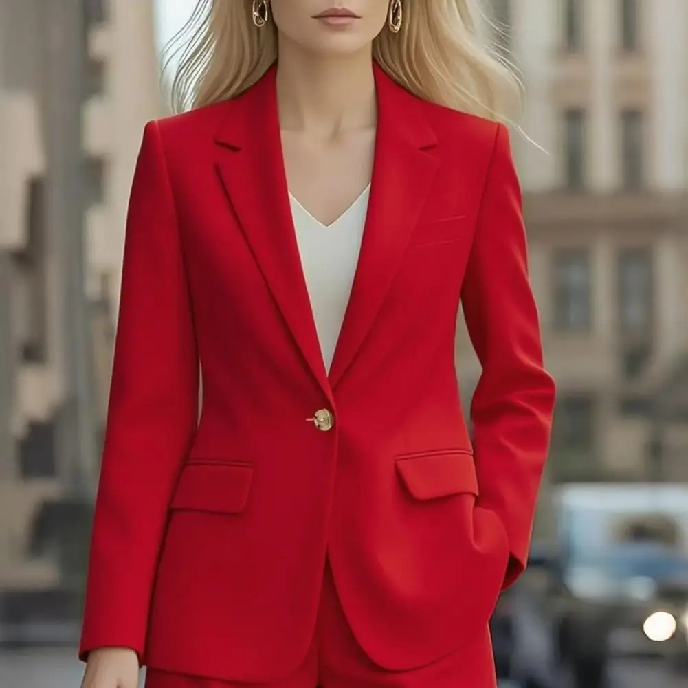 

Slim Fit Suit Coat Autumn Women Coat Lapel Long Sleeve Single Button Suit Jacket With Flap Pockets Solid Business Outerwear