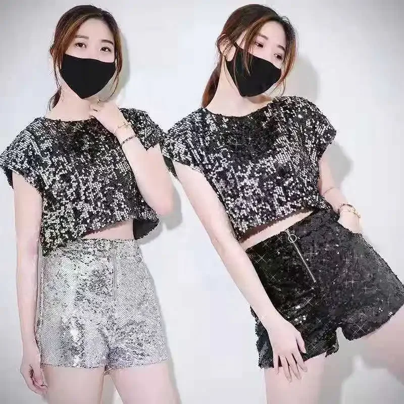 Womens Fashion Shiny Sequin Shorts Korean Style High Waist Sexy Loose Shorts