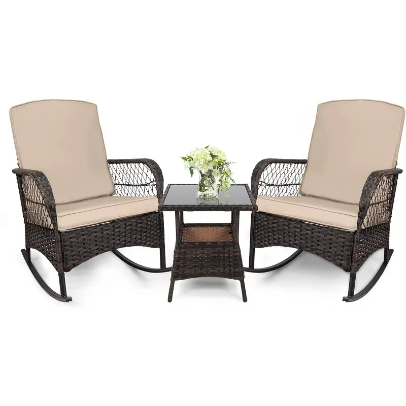 [شحن مجاني! ]3 قطع كراسي محادثة Rocking Bistro Set كراسي هزازة خارجية من PE Wicker وطاولة زجاجية