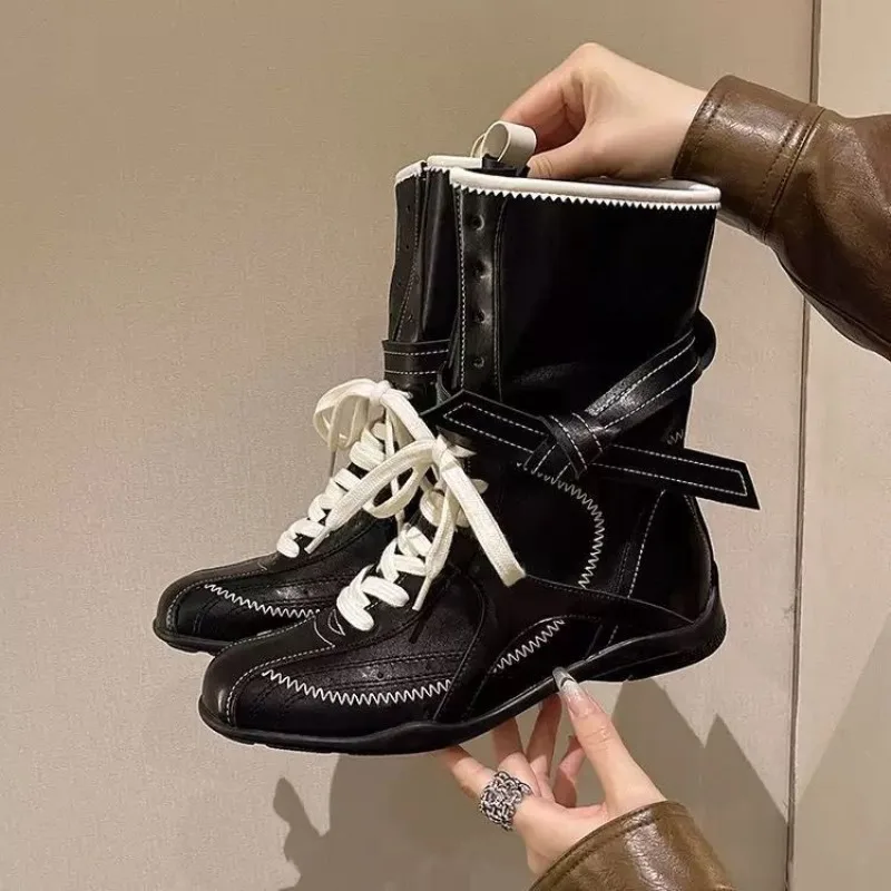 2.5CM 2025 Latest Retro Knight Short Boots Women Spring and Autumn Lace-up Western Boots Niche Platform Color Matching Boots