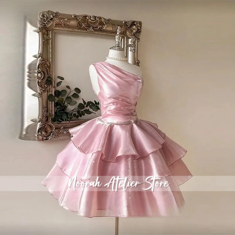 

Princess Short Organza Evening Dresses Tiered Sleeveless A-Line Mini Prom Dresses One Shoulder 2026 Party Gowns Customized