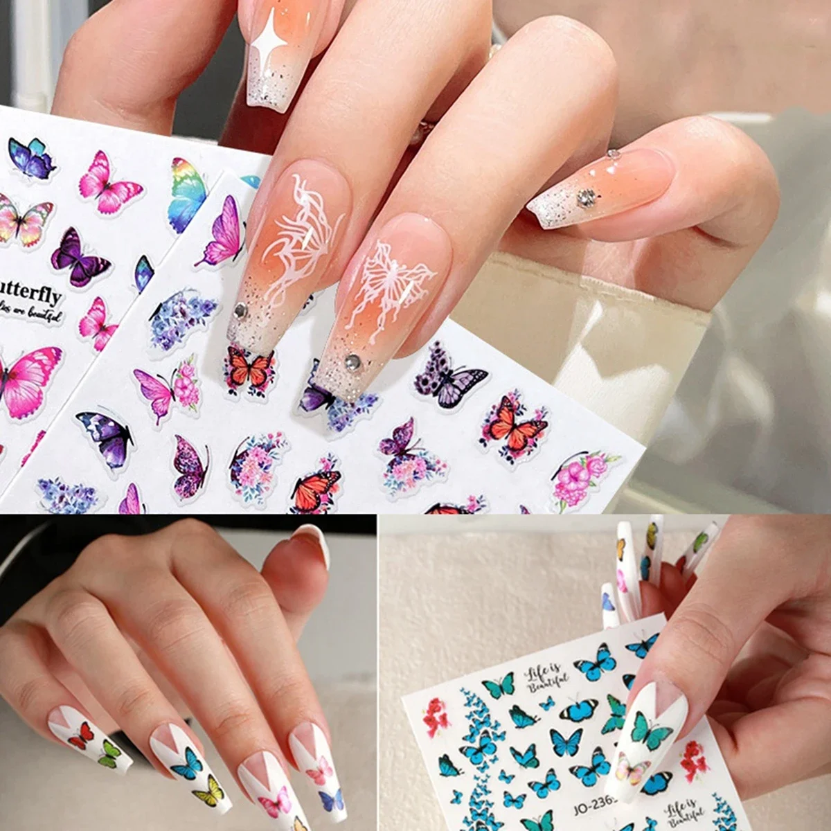 ผีเสื้อสติกเกอร์เล็บ Dopamine สไตล์ผีเสื้อที่มีสีสันดอกไม้รูปแบบสติ๊กเกอร์ตกแต่งเล็บ