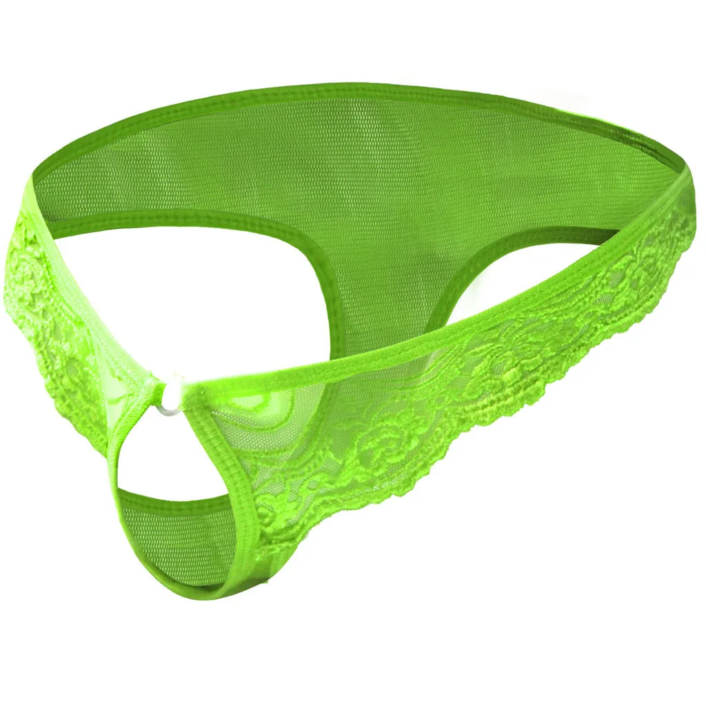 Men Front Hole Penis Ring T Back Thong Gays Lace Floral Sexy Fun Underwear Sissy Transparent Mesh Low Waist Convex Pouch Panties