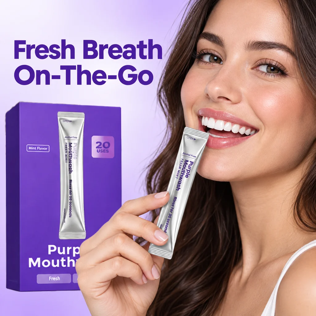 Purple Mouthwash Color Corrector Portable Sachets Peroxide and Alcohol Free Vegan Mint Fresh Breath Travel Oral Care 20pcs