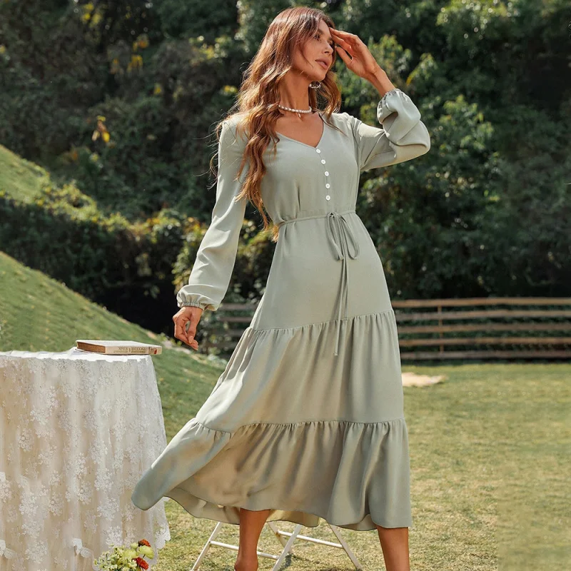 

YQ1-Spring Summer New Loose Casual Home Waist-Cinching Elegant Long-Sleeve Ruffle Dress Mid-Length Dress for Women