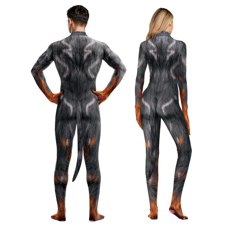 زي تنكري للزوجين بطبعة الذئب الحيواني مع سحاب ذيل المنشعب لحفلة الهالوين ملابس تنكرية من Zentai بدلة Catsuit